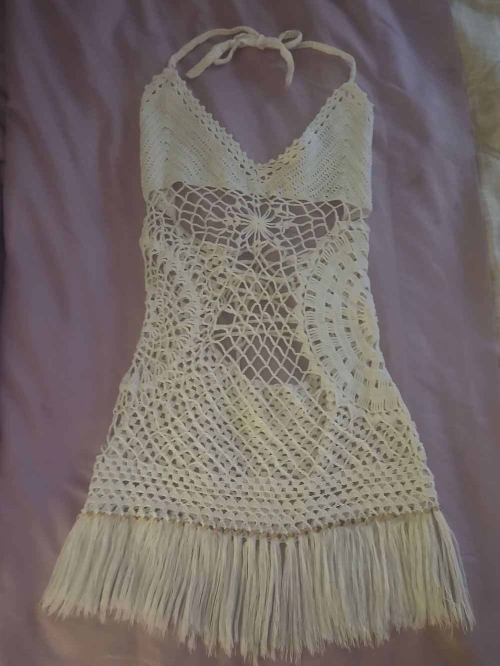 Handmade Crochet Halter Top with Fringe - Cream